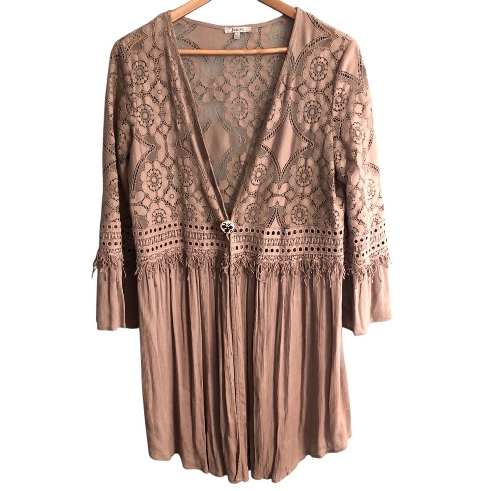 Jodifl Sz S Boho Kimono Fringe Lace Brown Taupe Long Festival Daisy Jones Retro